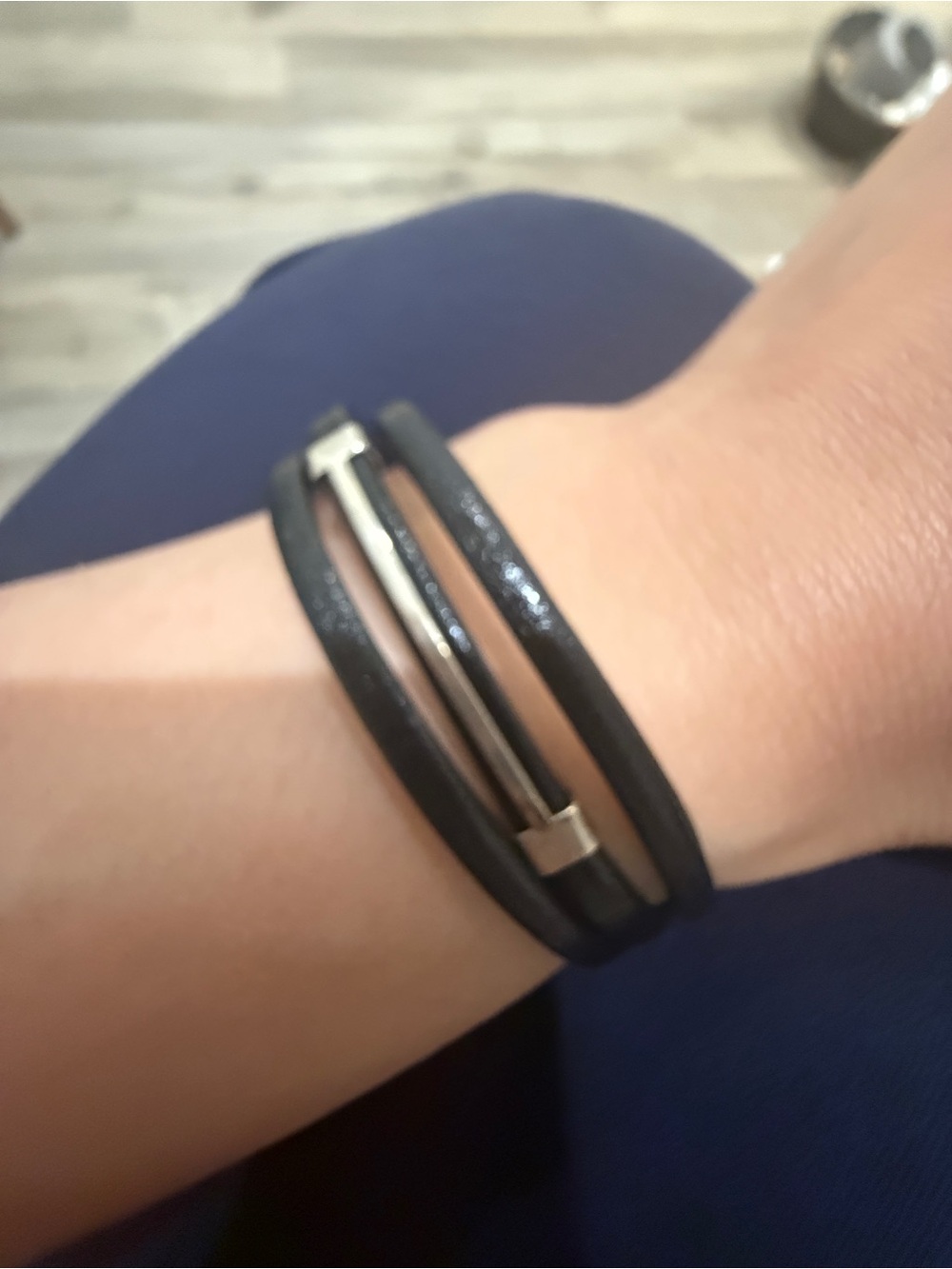 Black Leather Wrap Bracelet with Silver Bar Accent